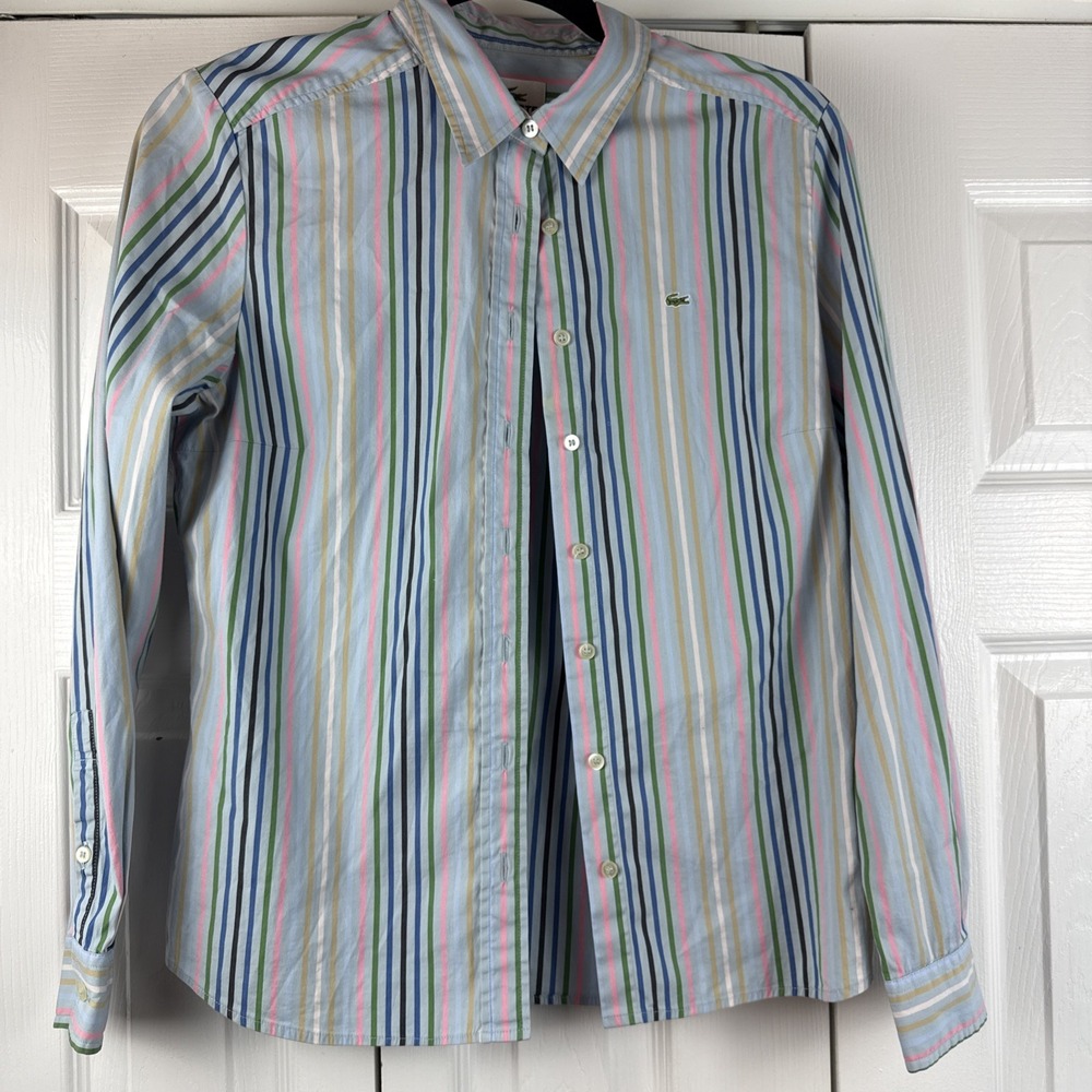 Lacoste Womens Size 10 42 Striped Button Up Shirt Pink Brown Crocodile Logo